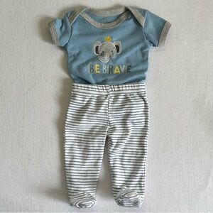 Baby Outfit with Elephant Print and striped pants with footies 0-3 months